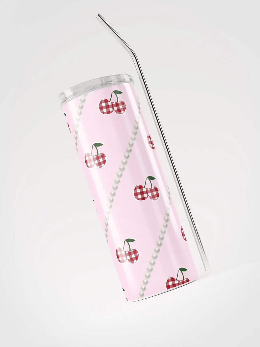 Pink Gingham Cherry Stainless Steel Tumbler With Pearl Accents product image (3)