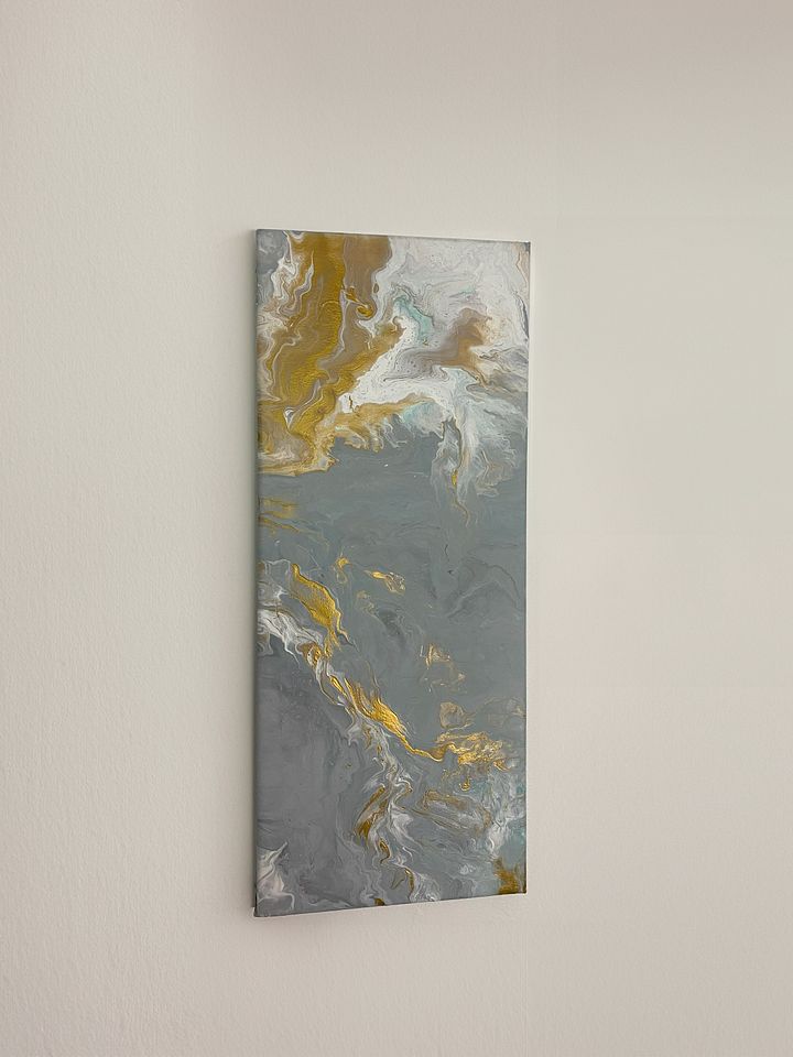 Grey & Gold Abstract Acrylic Pour Painting on 8x20 Inch Canvas | product image (2)