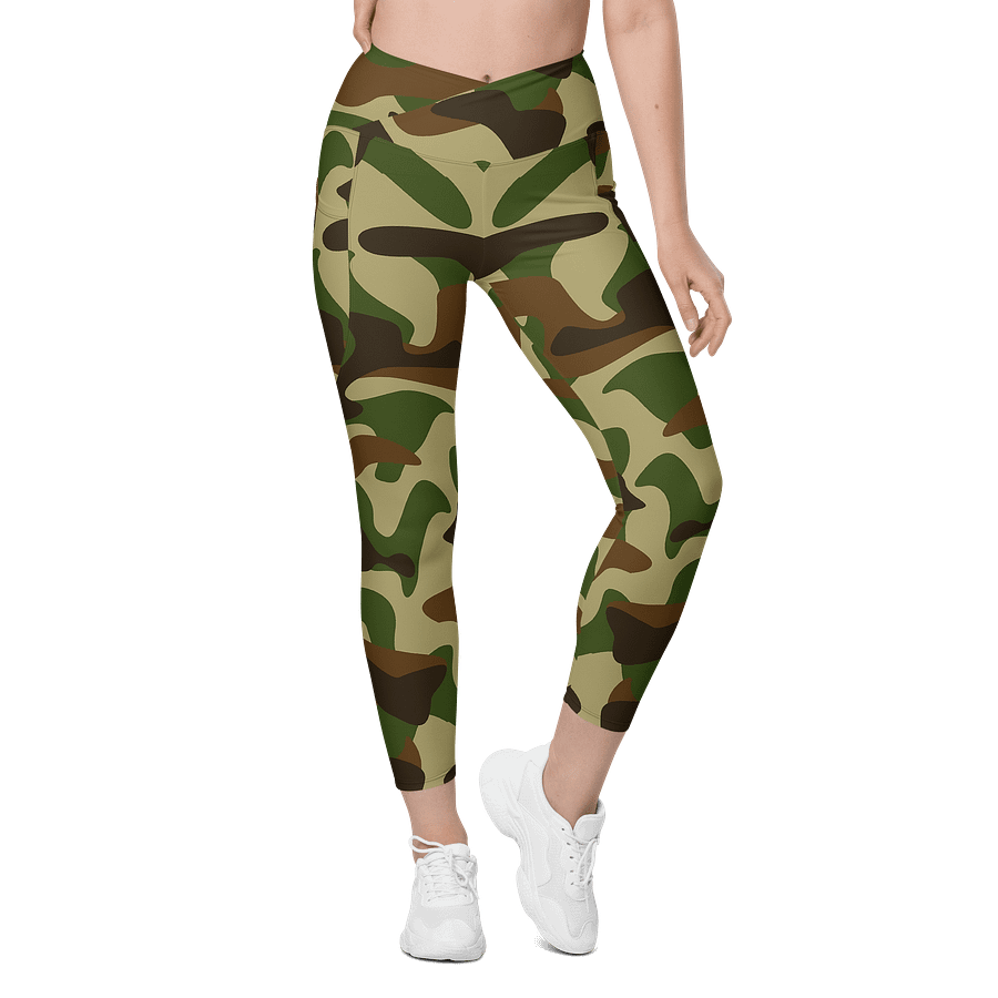 Woodland Green Army Camouflage Military Camo Pattern Crossover Leggings with Pockets product image (1)