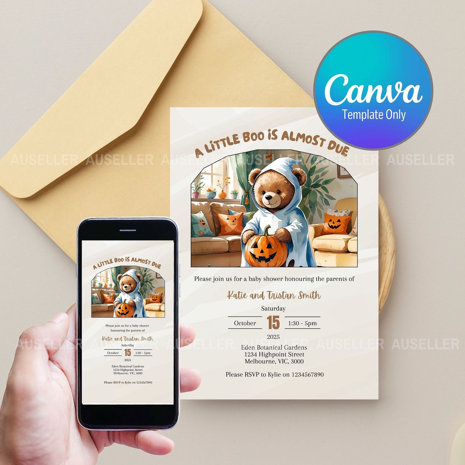 Ghost Teddy Bear & Pumpkins Themed Halloween Baby Shower Invitation product image (1)