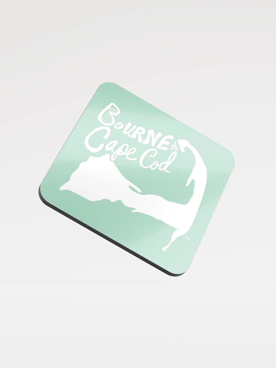 BOURNE to Cape Cod™ | Coastal Coaster | Glossed Cork | Eco-Friendly | Minimalist Coastal Decor | 3.74" Square | White Logo on Vista Blue Green product image (1)