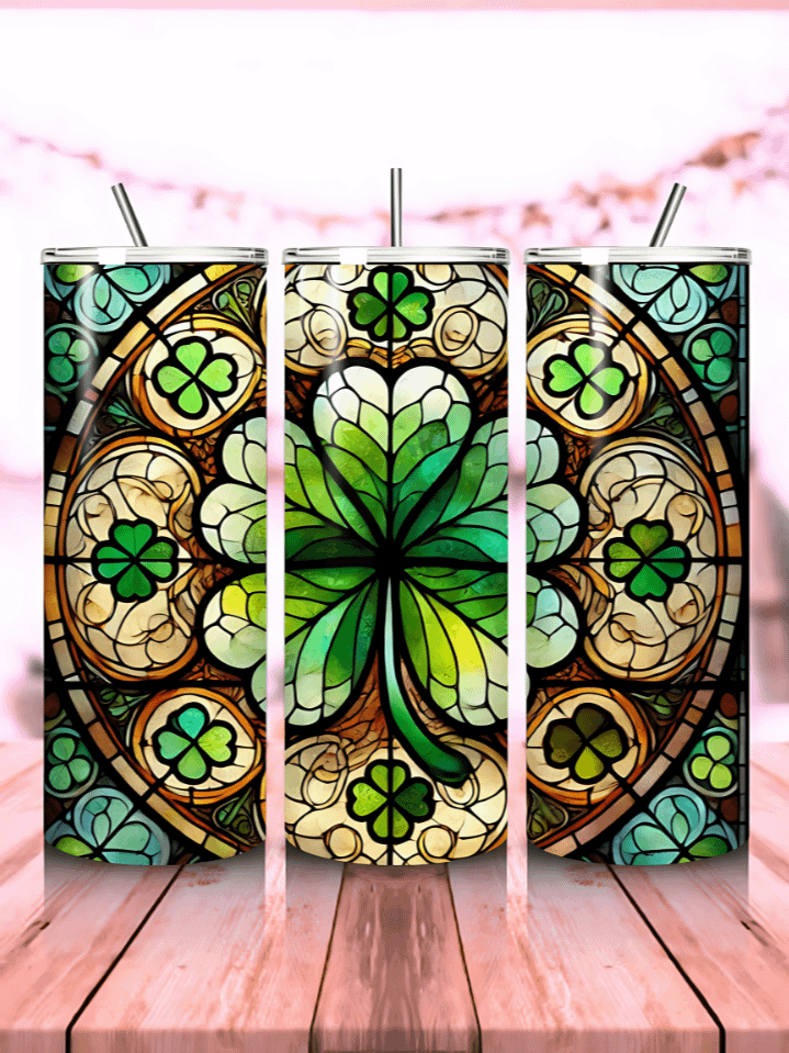 Stained Glass Celtic Shamrock St. Patrick’s Day 20 oz Skinny Tumbler Wrap – beautiful sublimation PNG design, 300 DPI, instant digital download product image (1)