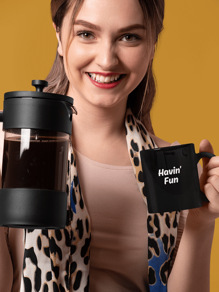 "Havin’ Fun" Upbeat Black Glossy Mug product image (1)