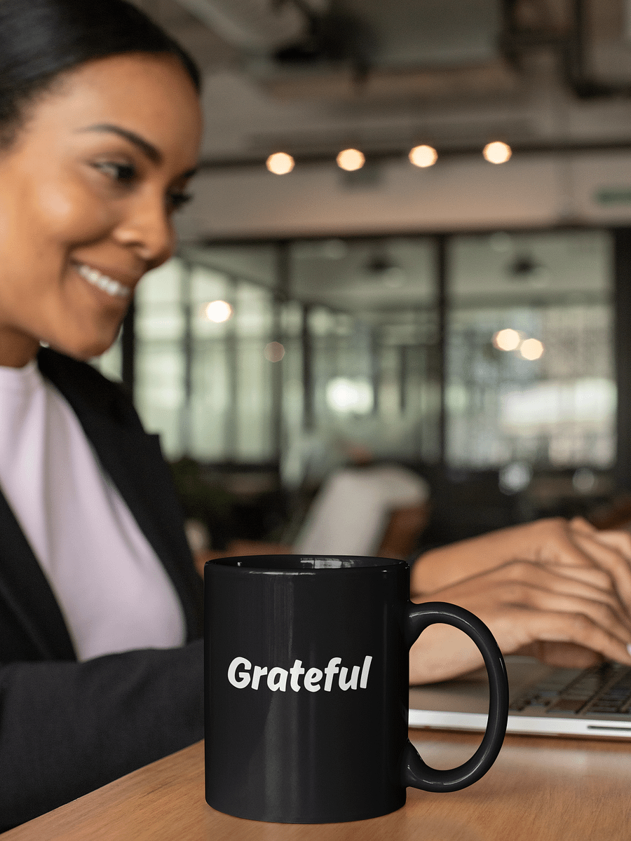 “Grateful” Upbeat Glossy Black Mug product image (1)