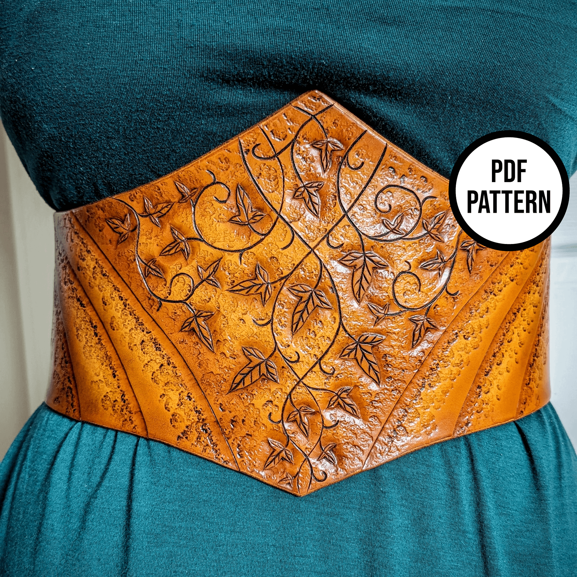 Leather Corset Belt with Vines & Mallorn Leaves - PDF Pattern for Leatherwork product image (1)