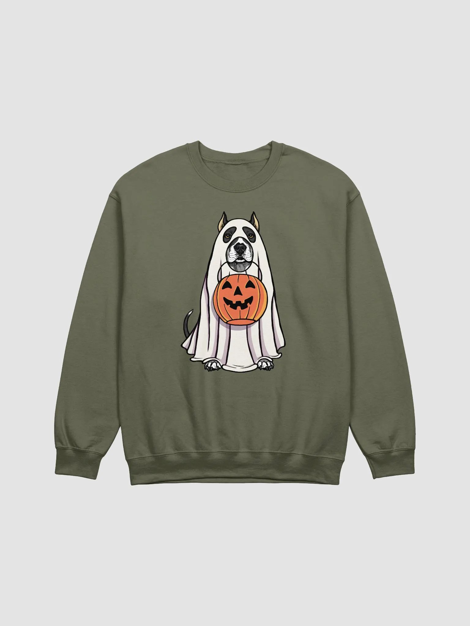 Funny Halloween Pitbull Terrier(Cropped Ears, Black) Sweatshirt | Funny Pittie Wearing a Ghost Costume and Holding a Pumpkin Basket product image (13)