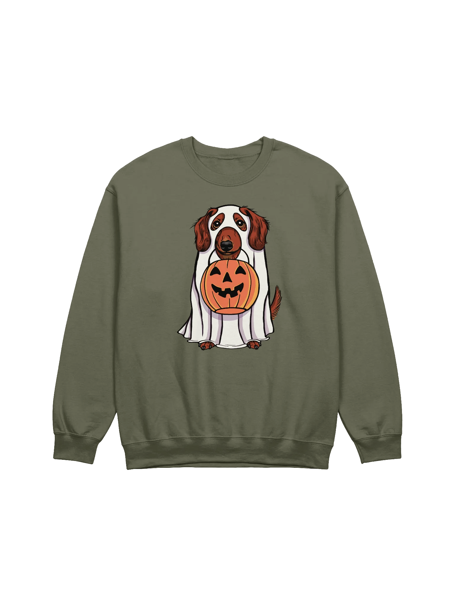 Funny Halloween Longhaired Dachshund(Red) Sweatshirt | Funny Doxie/Wiener Wearing a Ghost Costume and Holding a Pumpkin Basket product image (17)
