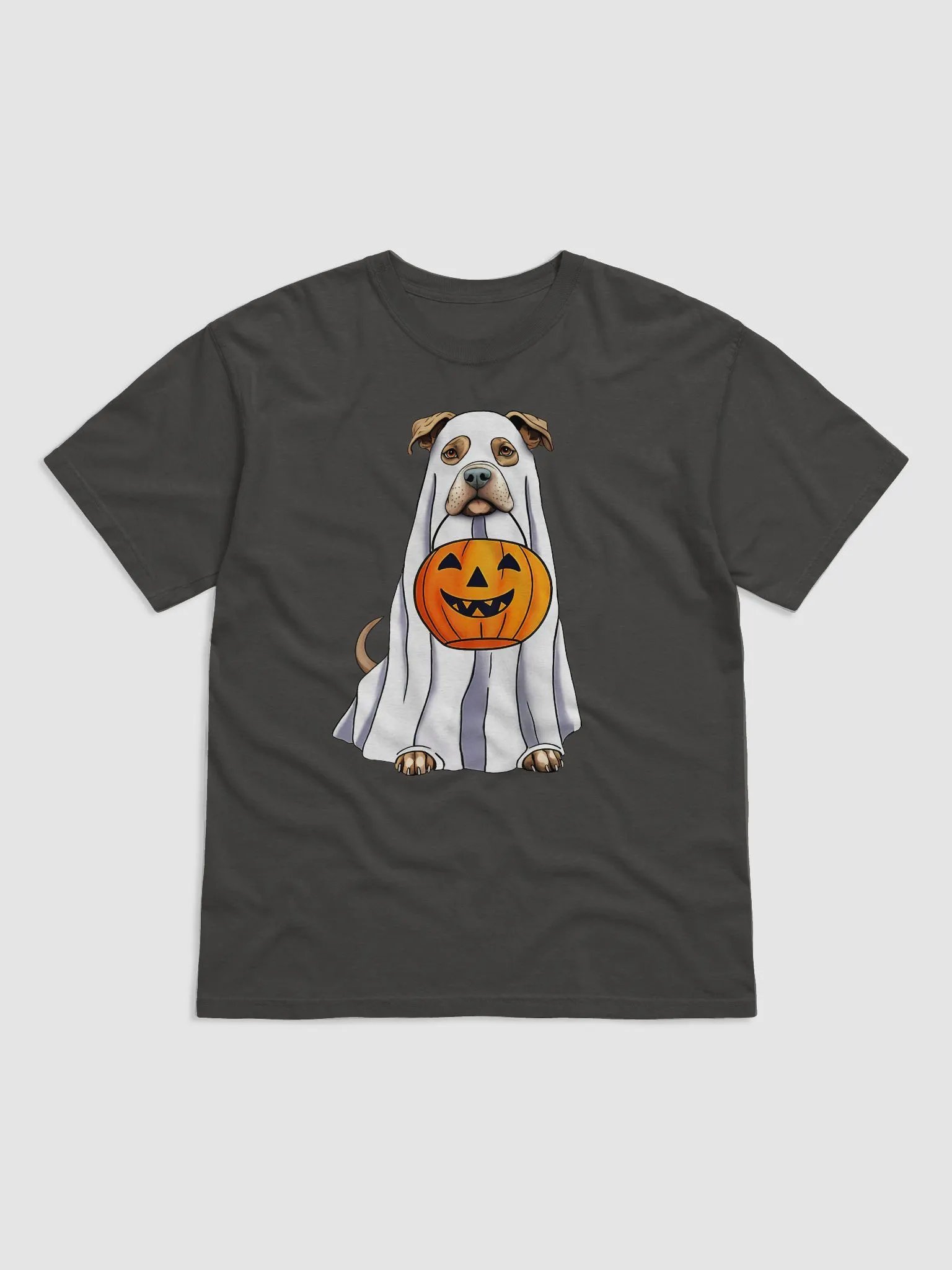 Pitbull(Fawn) Halloween Tee | Funny Halloween Pittie/Staffordshire Wearing a Ghost Costume with Pumpkin Basket product image (7)