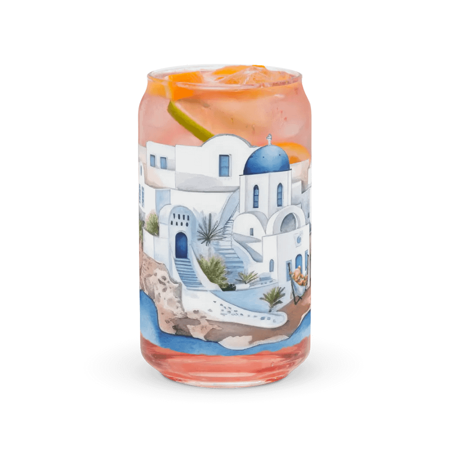 Santorini Dreaming Glass Can Tumbler | 16oz | Greek-Inspired Beverage Glass with Bamboo Lid & Straw product image (7)