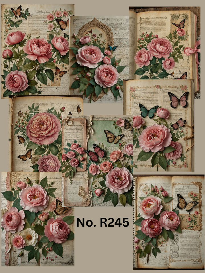 Set of 8 Antique Book Pages with Garden Roses No.R245 product image (1)