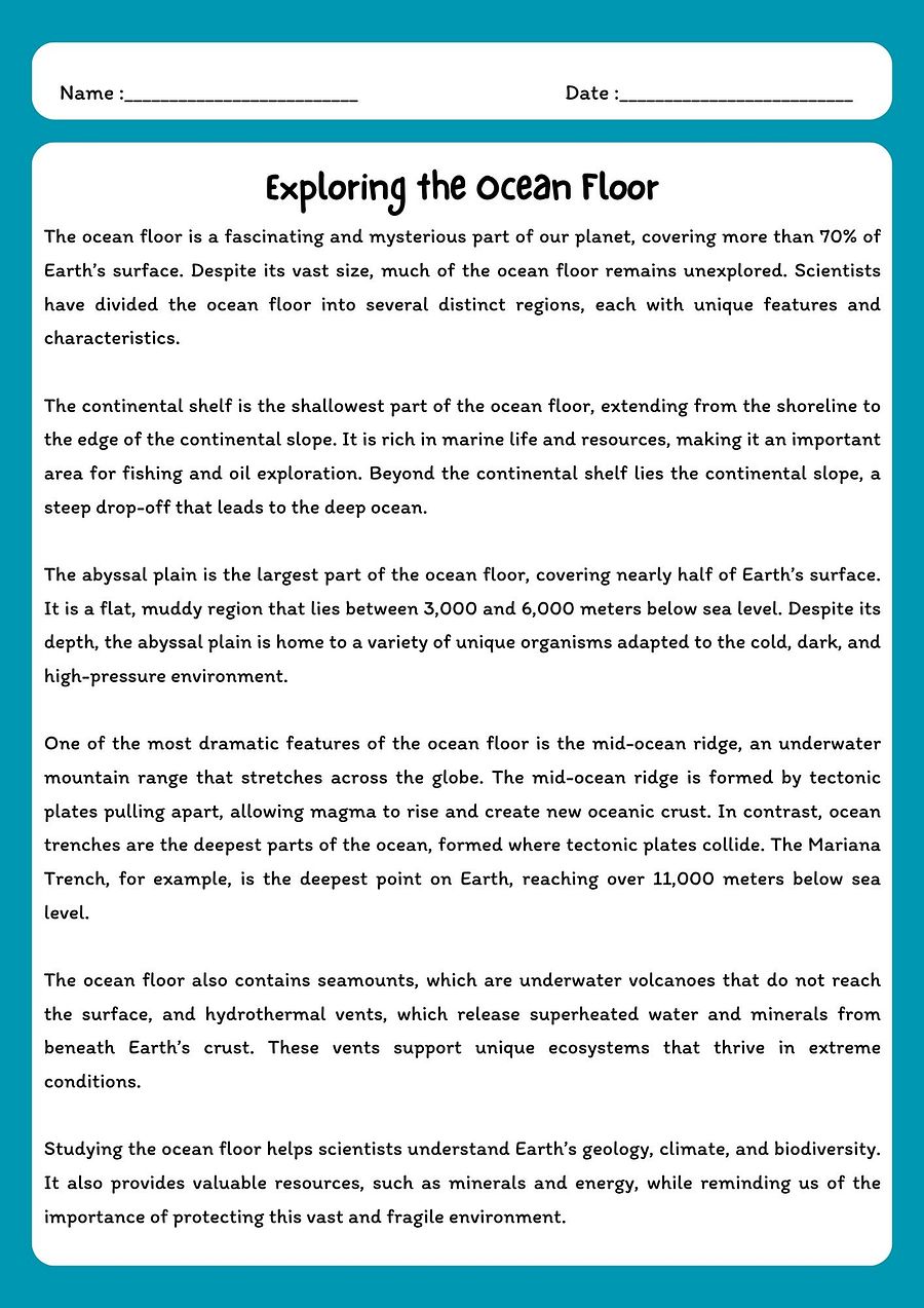 The Ocean Floor Reading Comprehension with Questions product image (1)