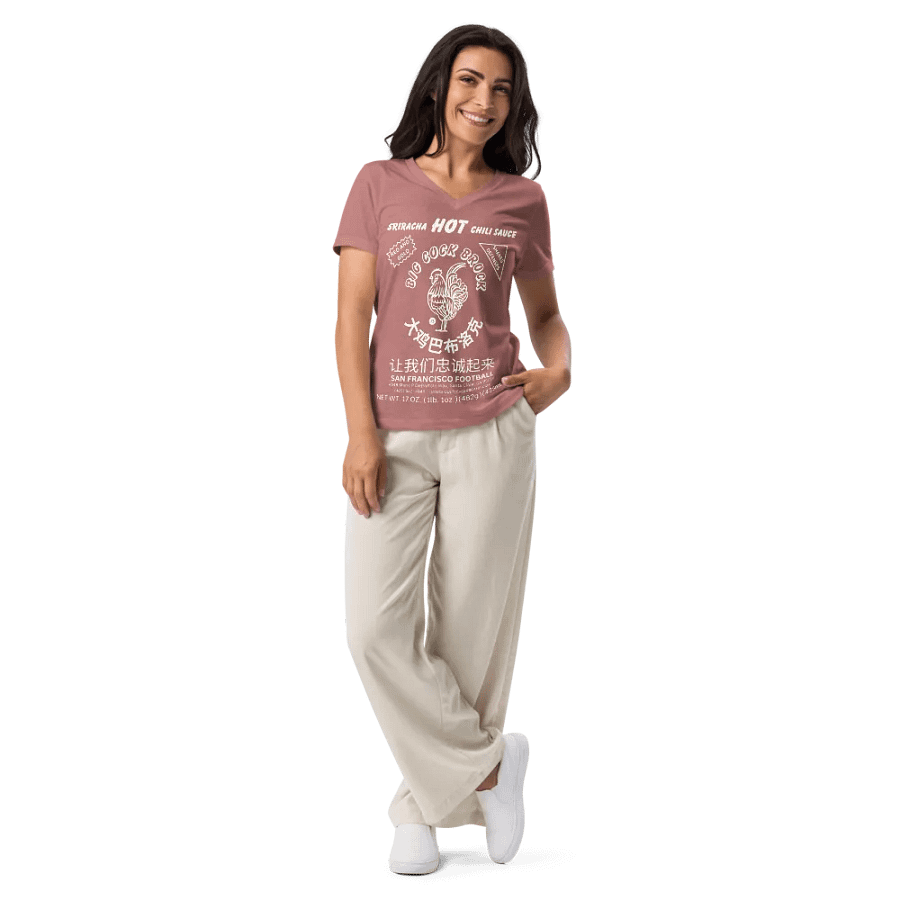San Francisco Football Sriracha Chili Sauce Label Emblem Women's Relaxed V-Neck Tee Shirt product image (9)