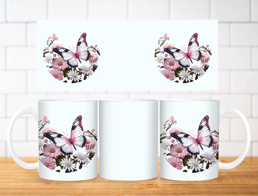 Pink Butterfly Mug Sublimation Design, 11oz & 20oz Mug Template, Mug Wrap Template PNG, Digital Download product image (2)