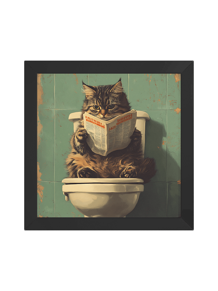 Funny bathroom cat reading newspaper wall art for quirky home decor teal retro aesthetic print for cat lovers gif product image (1)