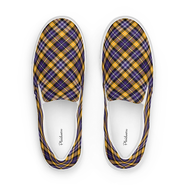 Purple and Yellow Gold Sporty Plaid Men's Slip On Shoes product image (1)