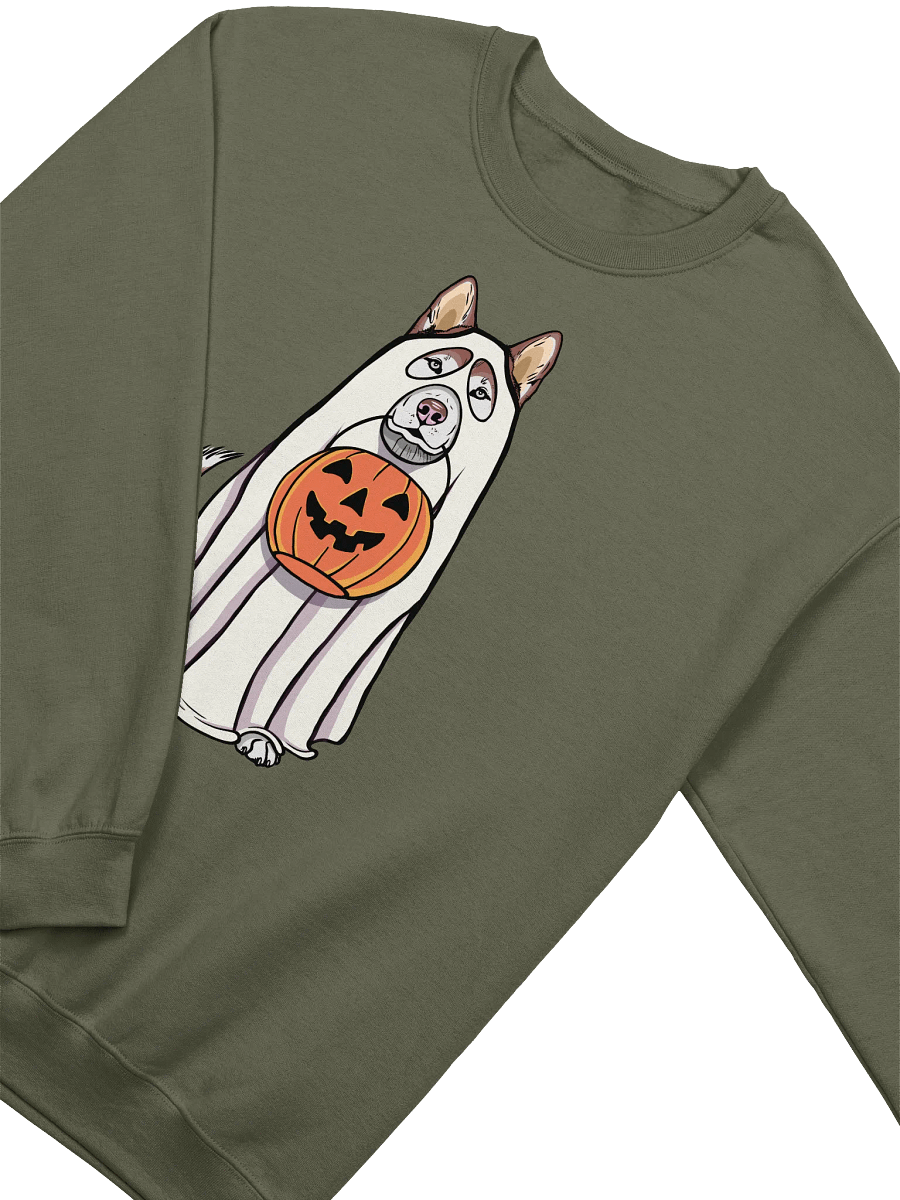 Funny Halloween Siberian Husky(Red) Sweatshirt | Funny Husky Wearing a Ghost Costume and Holding a Pumpkin Basket product image (18)