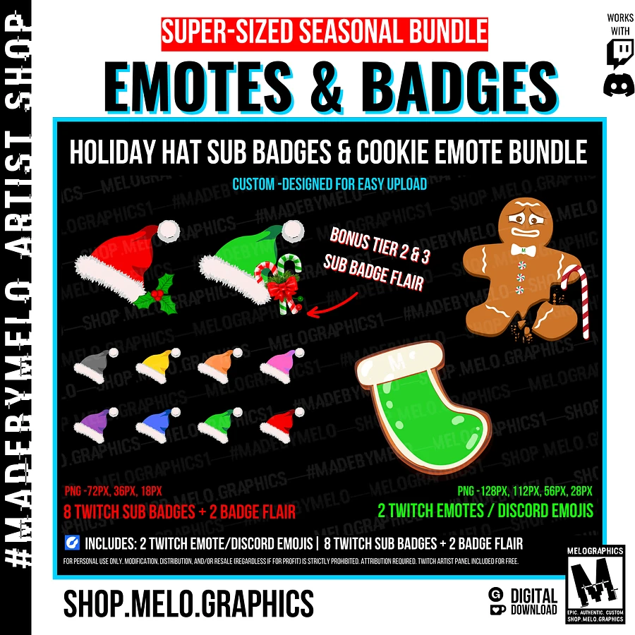 Holiday Hats & Cookies - Twitch/Discord Sub Badges & Emotes/Emojis Bundle 10pk | #MadeByMELO product image (2)