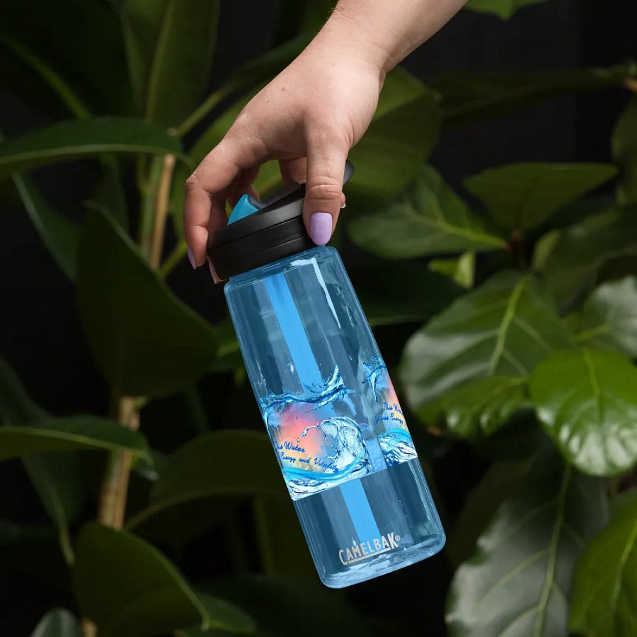 Camelback water bottle with beautiful swirly blue water drops  featuring ' This water gives energy and vitality