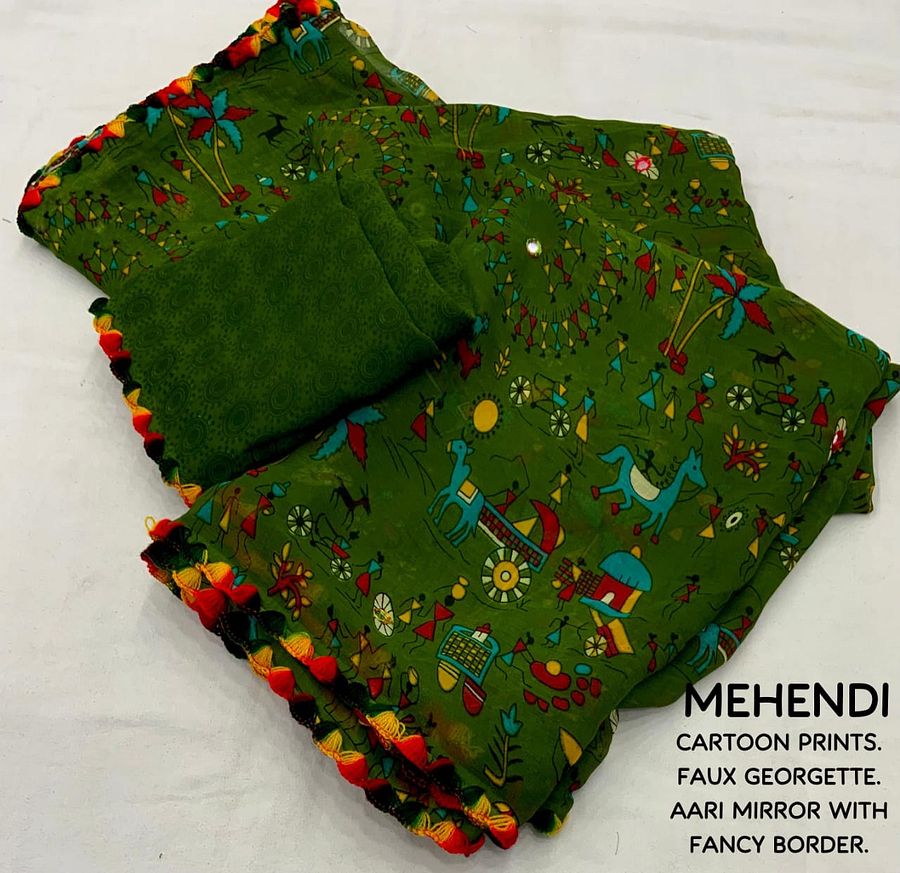 beautifull peinted georgette saree-fancy worli and cartoon prints. product image (4)