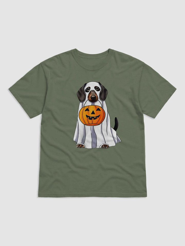 Dachshund Halloween Comfort Colors Tee | Funny Halloween Wiener/Doxie Wearing a Ghost Costume with Pumpkin Basket product image (2)