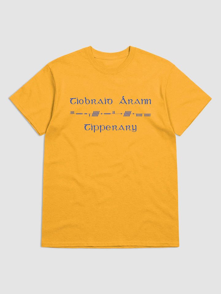 Tipperary/Tiobraid Árann Scholastic style Ogham, gold with blue, printed T-shirt product image (1)