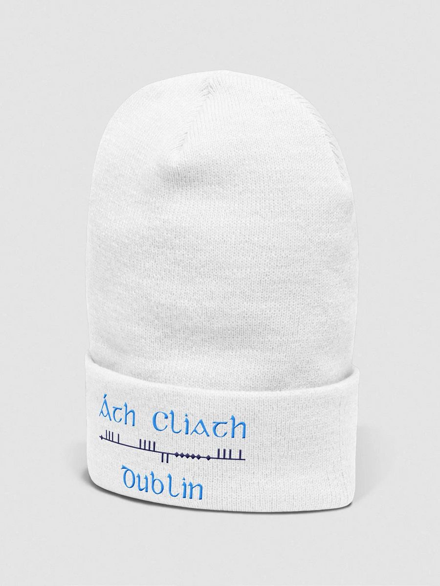 Dublin/Áth Cliath Scholastic style Ogham, Light Blue and Navy, embroidered Cuffed Beanie product image (4)