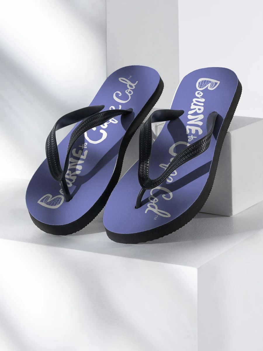 BOURNE to Flip Flop™ | Cape Cod Vibes for Your Soles | Horizontal Logo Sandals | White Logo on Slate Blue product image (1)