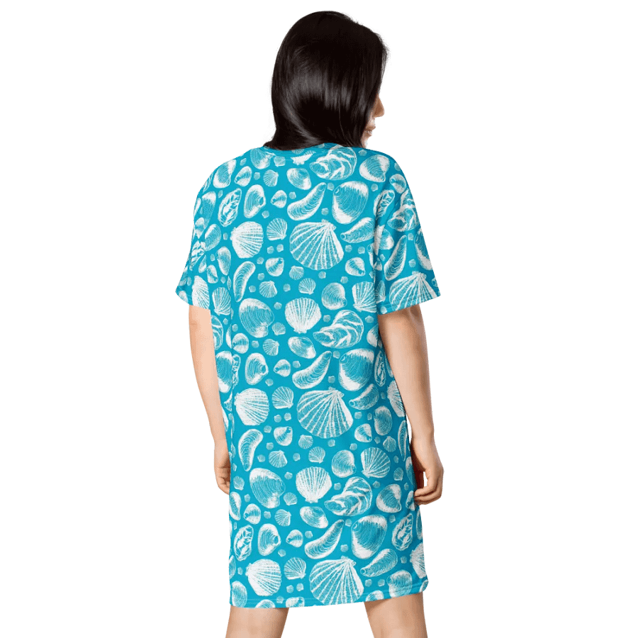Women's | New England Tidal Treasures | T-Shirt Dress | Seashell Print, Oversized & Comfy | White on Cyan Blue product image (2)