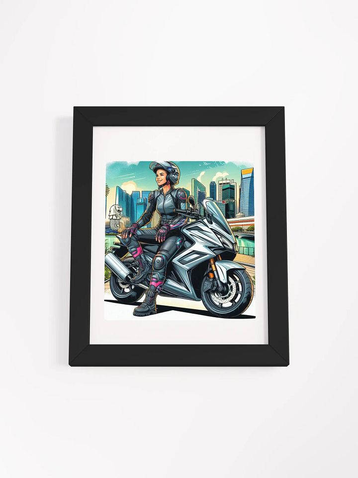 Minimalist White Framed Poster | Biker girl enjoying the atmosphere of Singapore by AI product image (9)