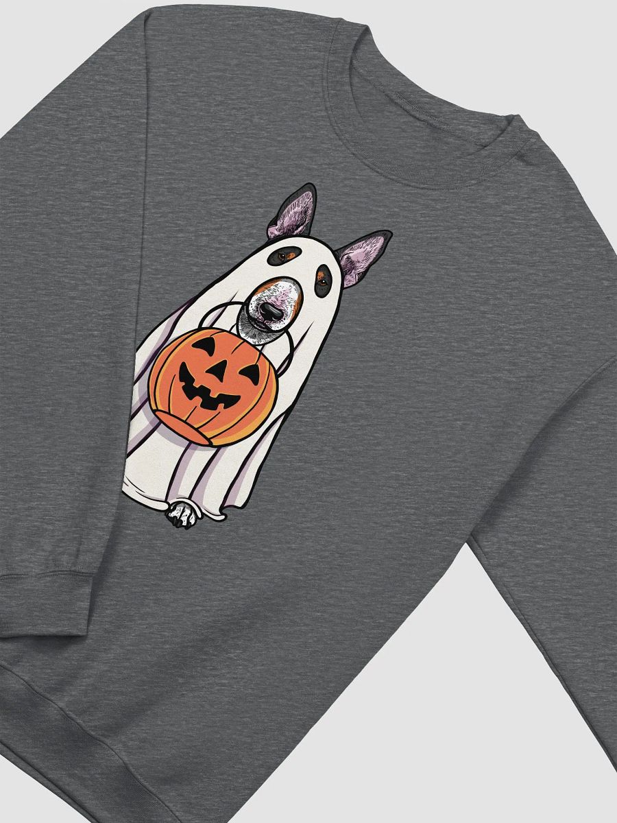 Funny Halloween Bull Terrier(Tricolor) Sweatshirt | Funny Dog Wearing a Ghost Costume and Holding a Pumpkin Basket product image (4)