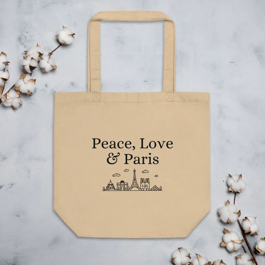 Peace, Love and Paris Organic Statement Tote Bag with Monuments | Black Ink Design product image (4)