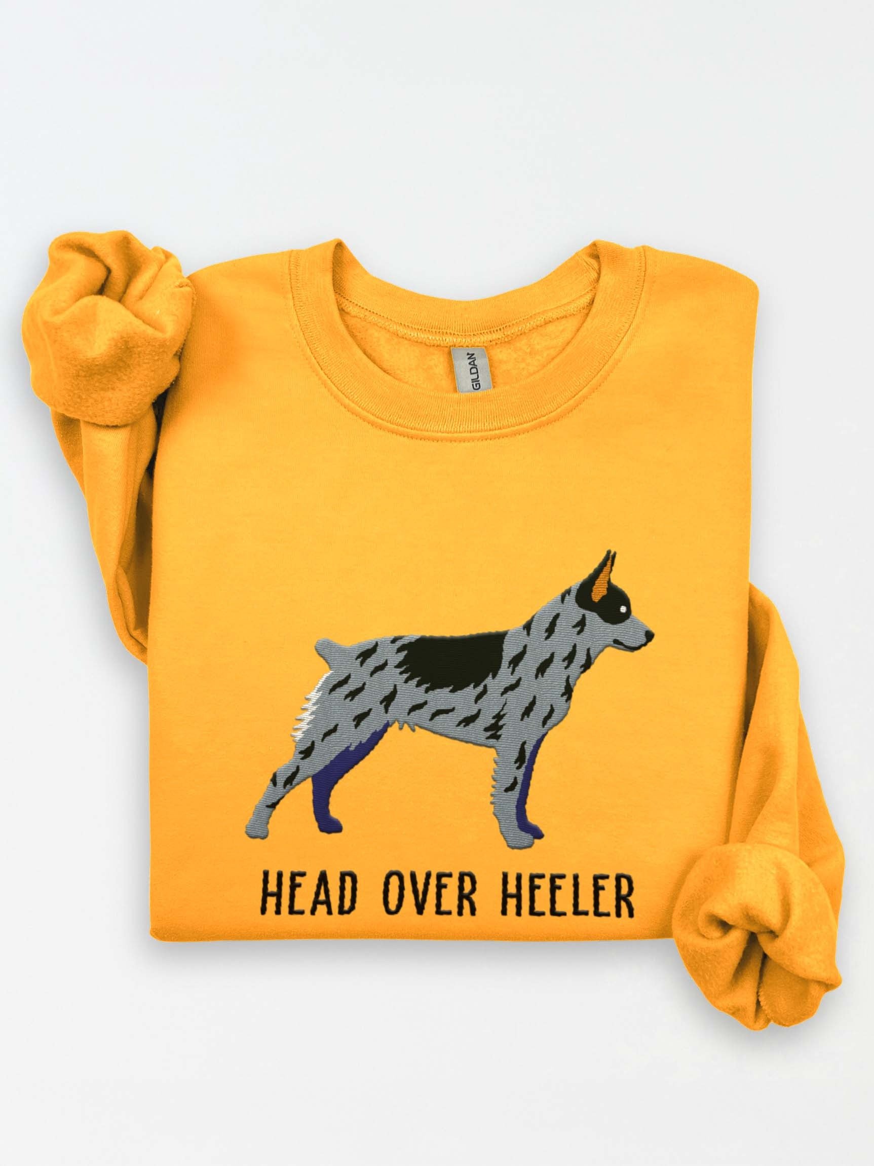 Head Over Heeler Sweatshirt (Embroidered) of an Australian Cattle Dog(Blue Heeler, Docked Tail) product image (1)