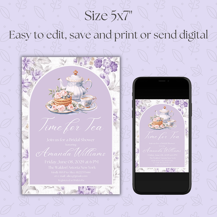 Tea Party Bridal Shower Canva Template Invite, Floral Purple Theme Printable Time for Tea Lavender Brunch Invitation | Digital Prints product image (2)