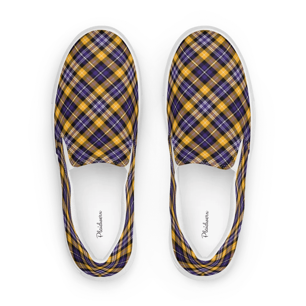 Purple and Yellow Gold Sporty Plaid Men's Slip On Shoes product image (1)