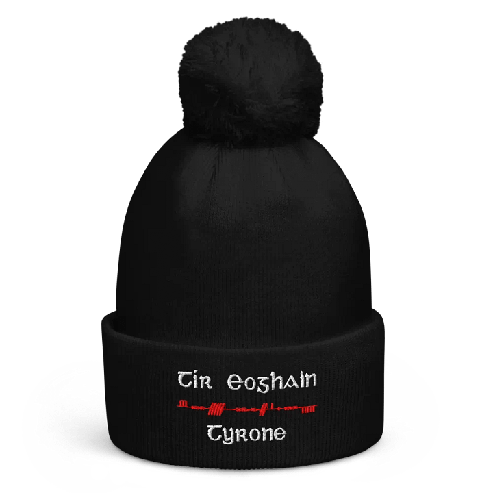 Tyrone/Tír Eoghain Scholastic style Ogham, red and white, embroidered Pom-Pom Beanie product image (1)