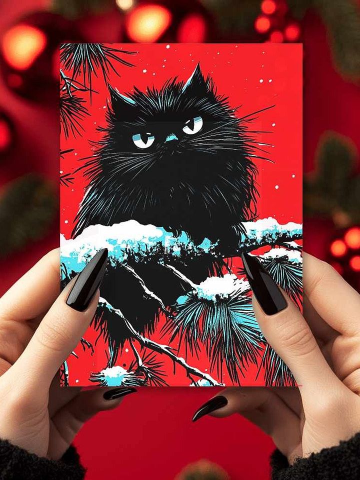 Retro Black Fluff Cat Christmas Cards Pack of 10 • 5×7 product image (1)