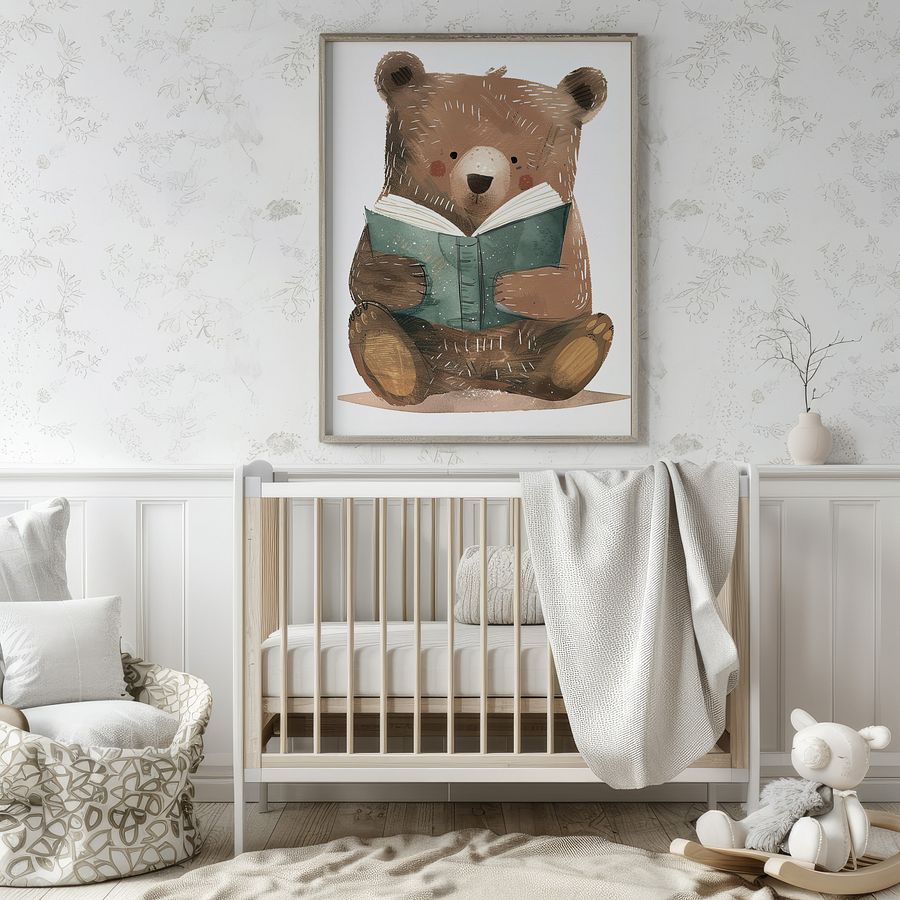 Cute Bear Reading a Book Watercolor Nursery Art Print product image (4)