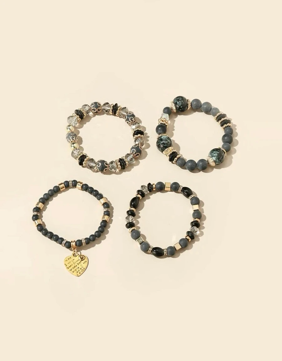 4 PC HEART CHARM BLACK CRYSTAL BEADED BRACELET product image (3)