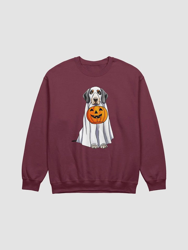 Bluetick Coonhound Halloween Sweatshirt | Funny Halloween Bluetick Wearing a Ghost Costume with Pumpkin Basket product image (1)