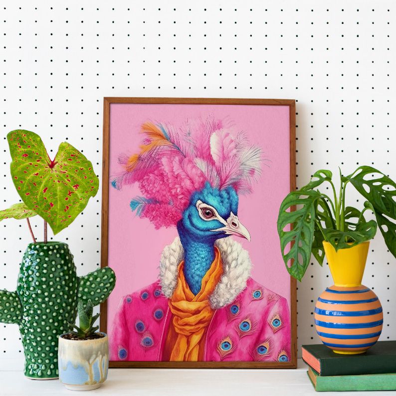 Anthropomorphic Peacock in Pink Coat Animal Portrait product image (11)