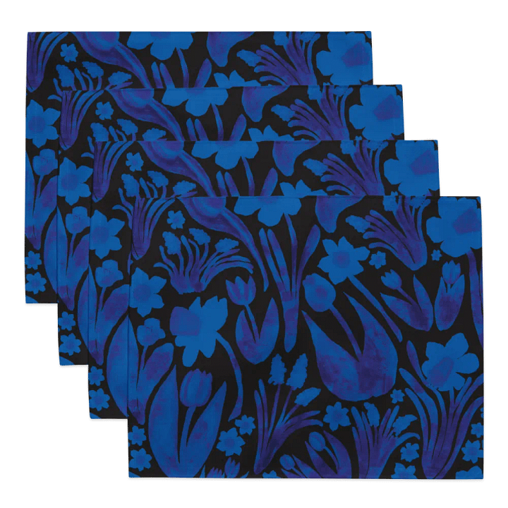 Spring Garden Floral Placemats – Royal Blue on Black, Set of 4 | MONIQUE FAELLA DESIGNS™ product image (1)