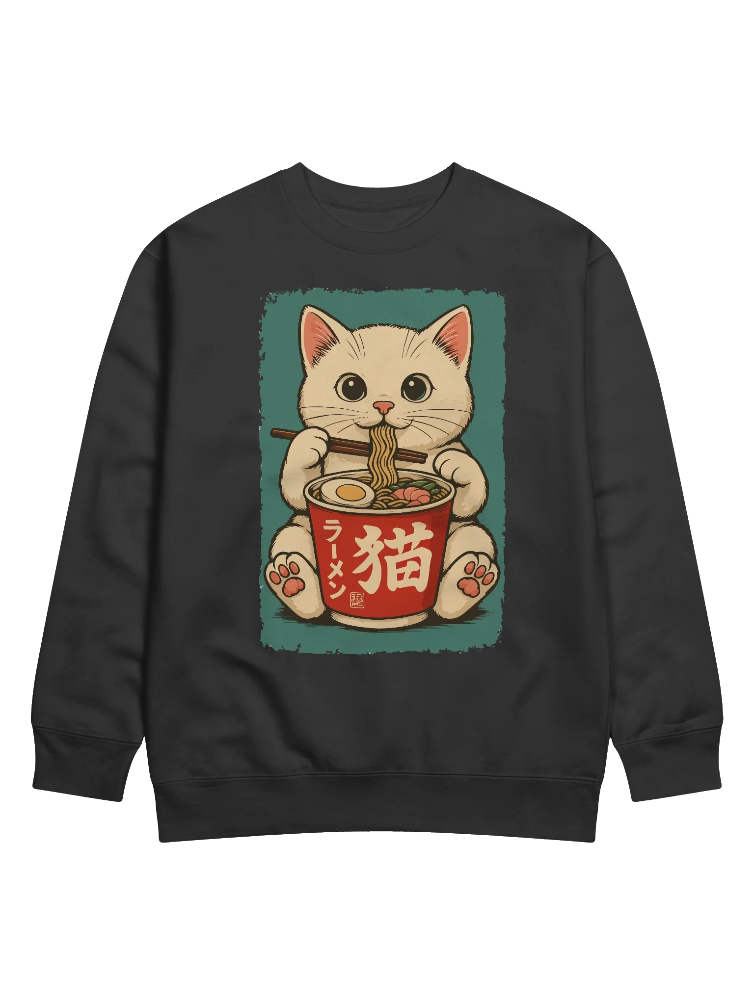 Kawaii White Cat Eating Ramen Vintage Japanese Style Sweatshirt product image (3)
