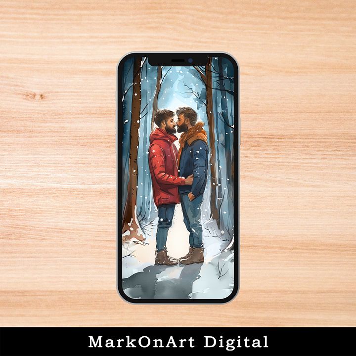 Romantic Gay Couple in the Snow Art For Mobile Phone Wallpaper or Lock Screen | High Res for iPhone or Android Cellphones product image (1)