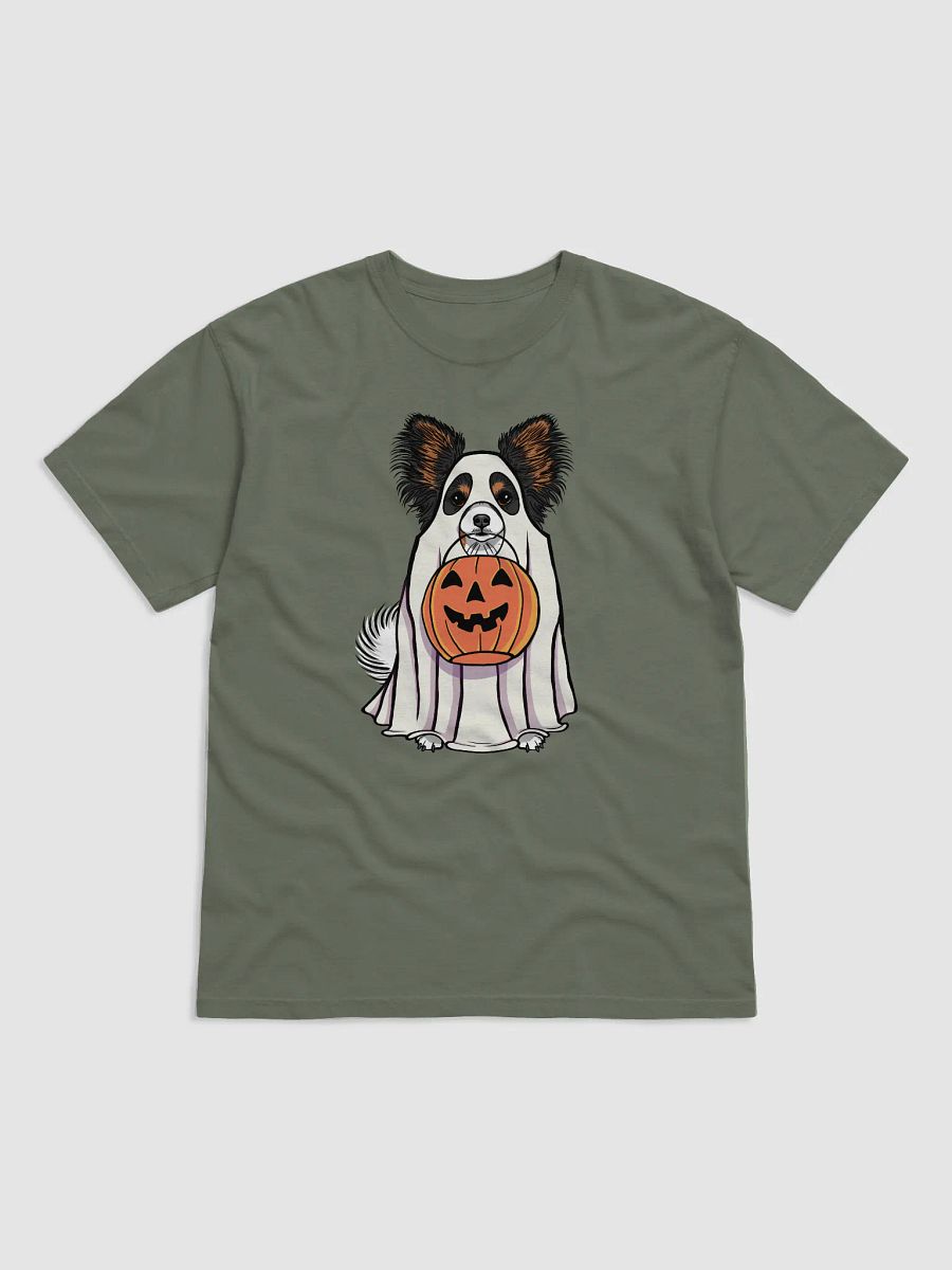 Funny Halloween Papillon(Tricolor) T-Shirt | Funny Papillon Wearing a Ghost Costume and Holding a Pumpkin Basket product image (4)