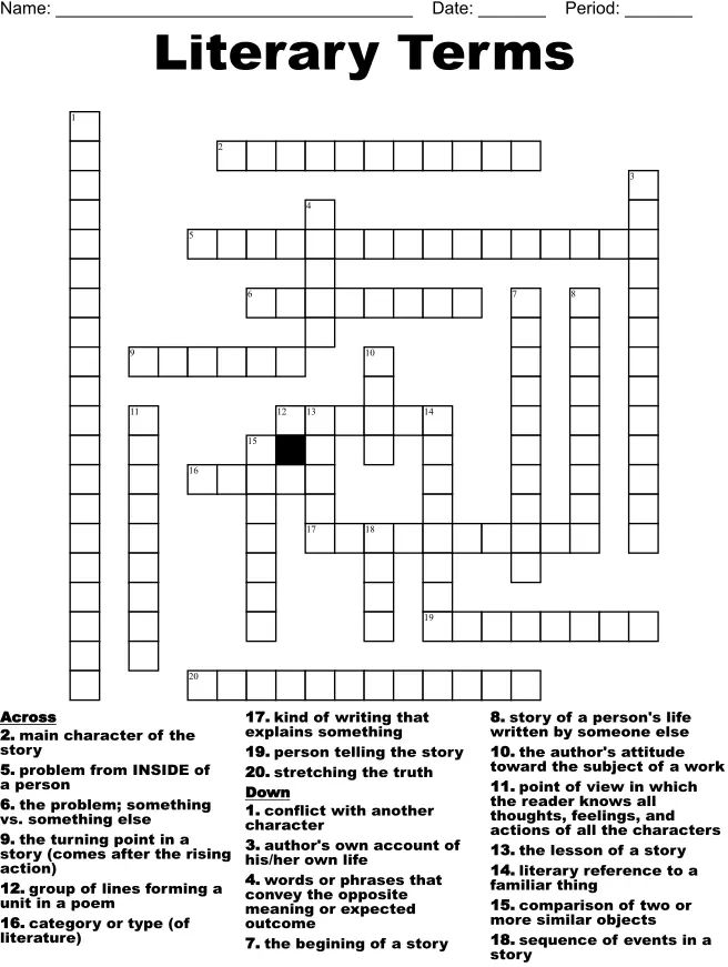 Literary Terms Crossword Puzzle Printable product image (2)