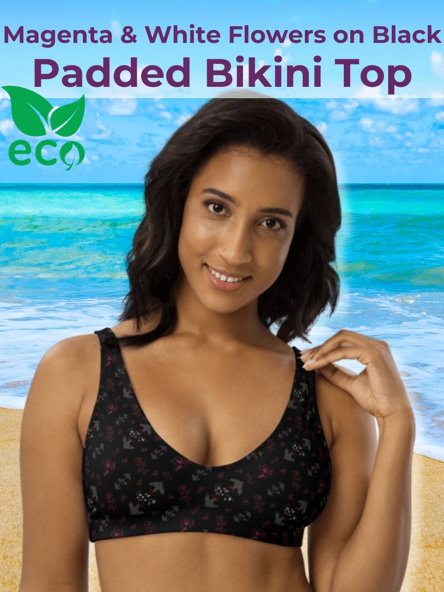 Magenta and White Flowers on Black Eco-Green Padded Bikini Top product image (1)