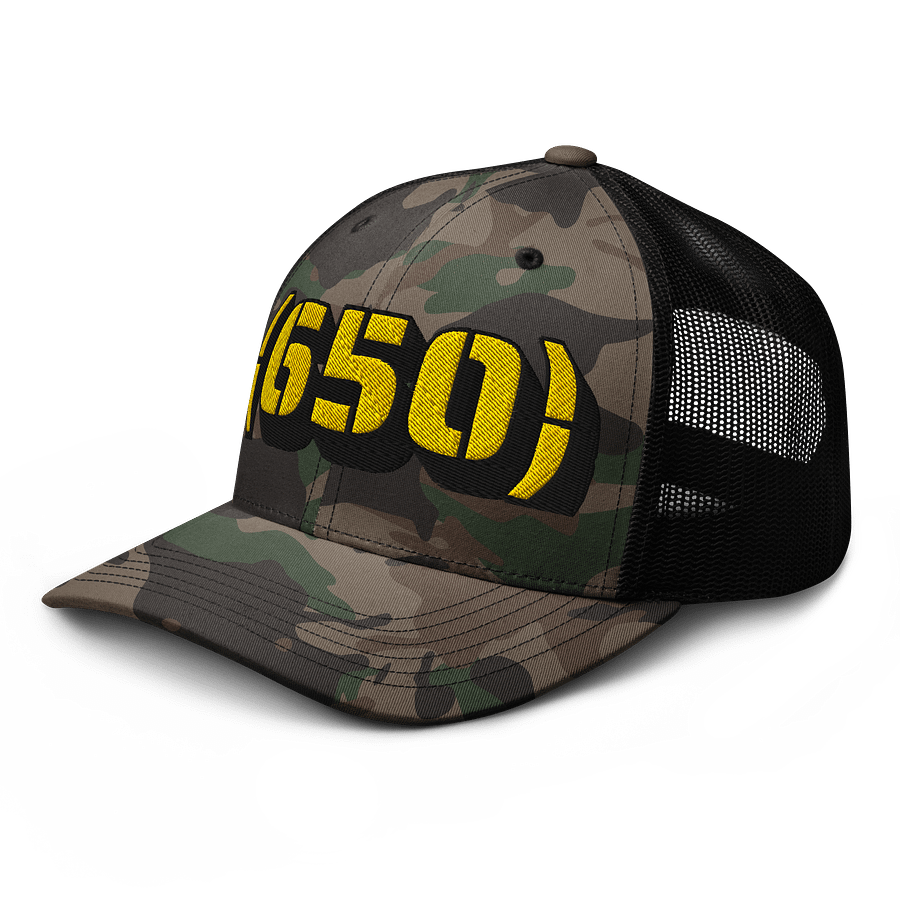 Yellow area code 650 Camo Trucker Hat product image (4)