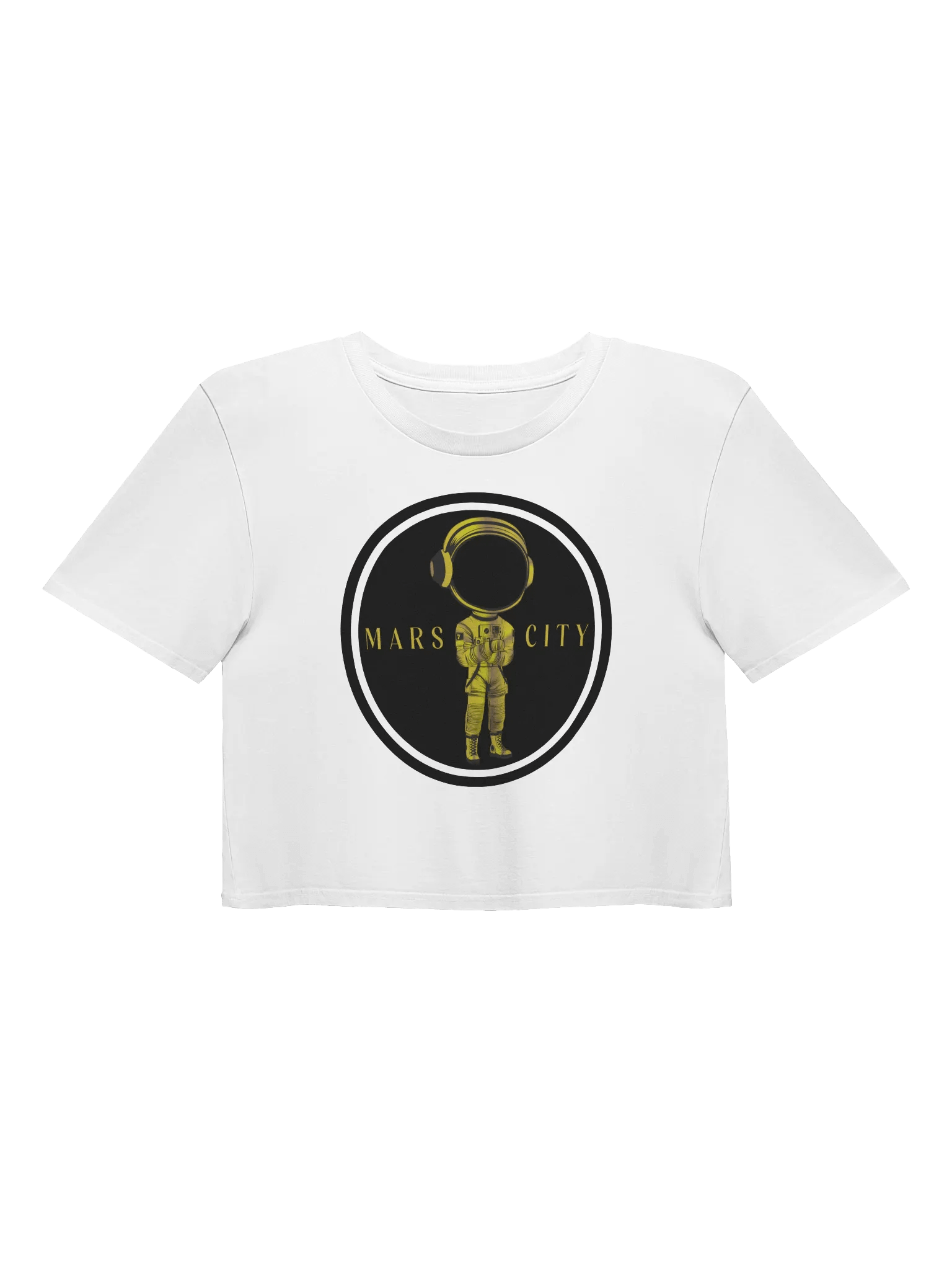 Ladies white cropped tee shirt with Gold Astronaut black circle front product image (1)