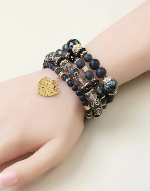 4 PC HEART CHARM BLACK CRYSTAL BEADED BRACELET product image (2)