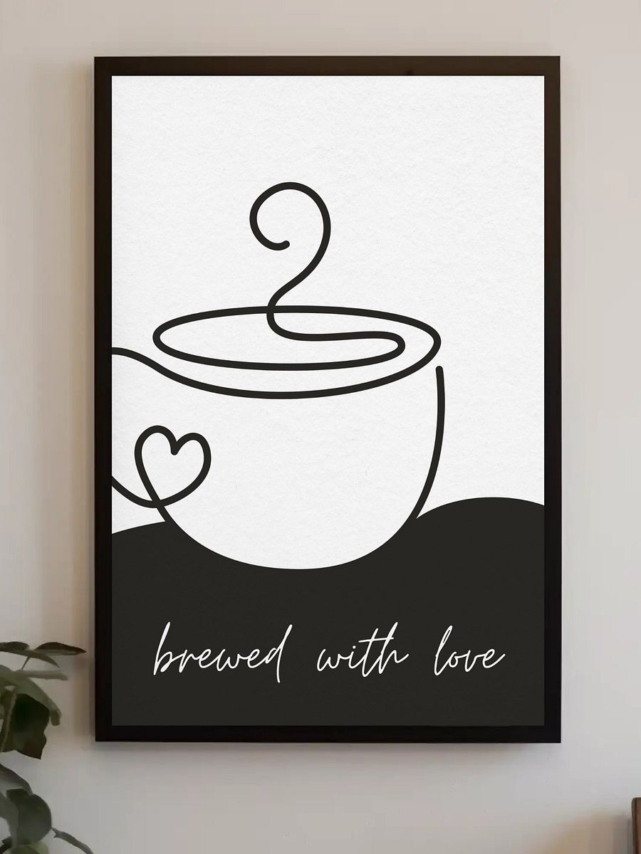 Brewed with Love Coffee Wall Art - Minimalist Line Art Coffee Cup Print, Modern Kitchen Decor, Black and White Coffee Lover Gift Espresso product image (3)